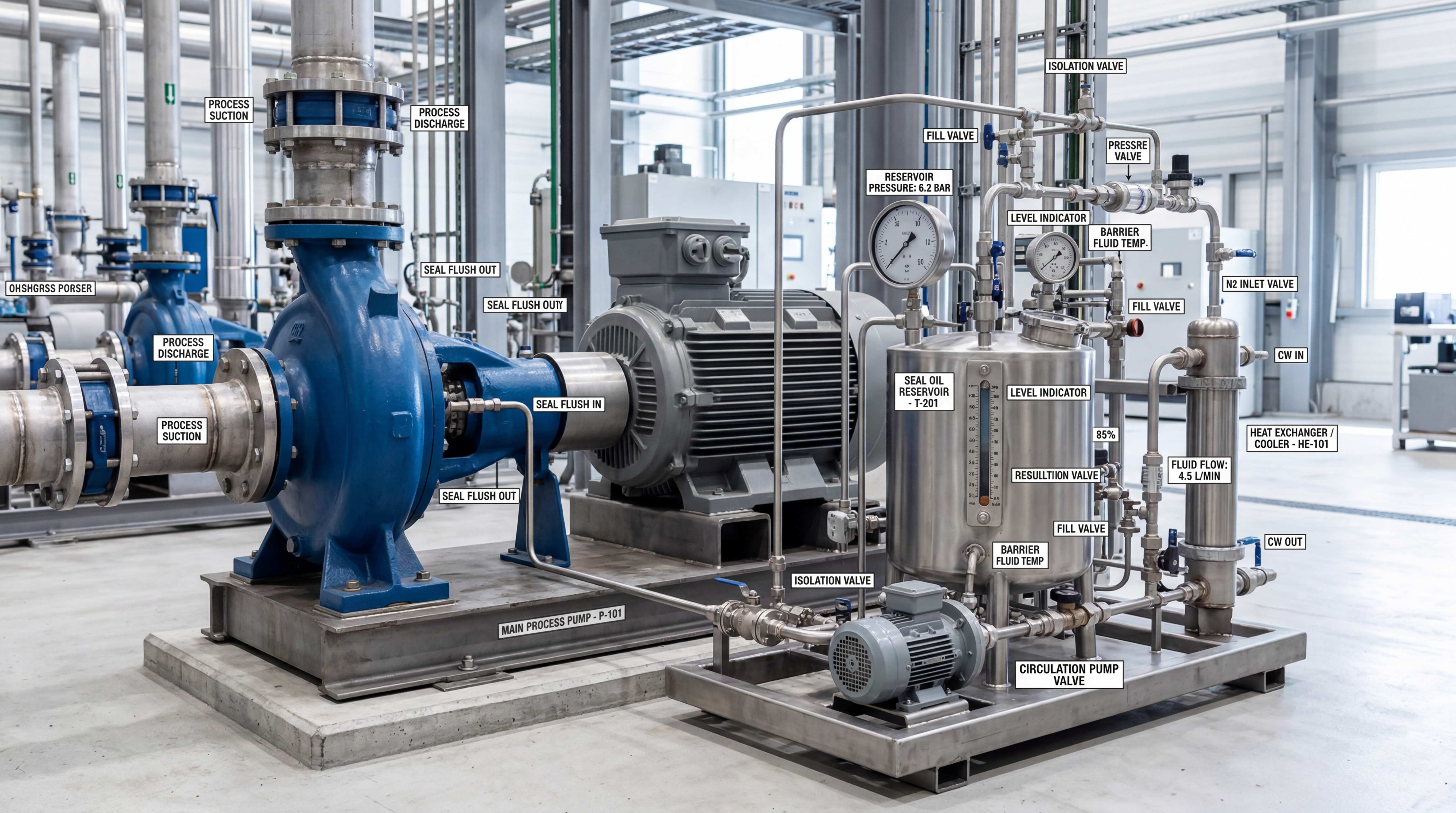 Industrial pump with mechanical seal barrier fluid support system showing reservoir cooler circulation pump pressure gauges and seal flush connections